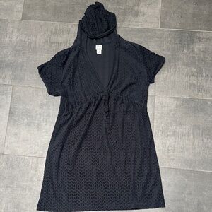 Hooded Black Short-Sleeve Swim Cover-Up with Drawstring Waist